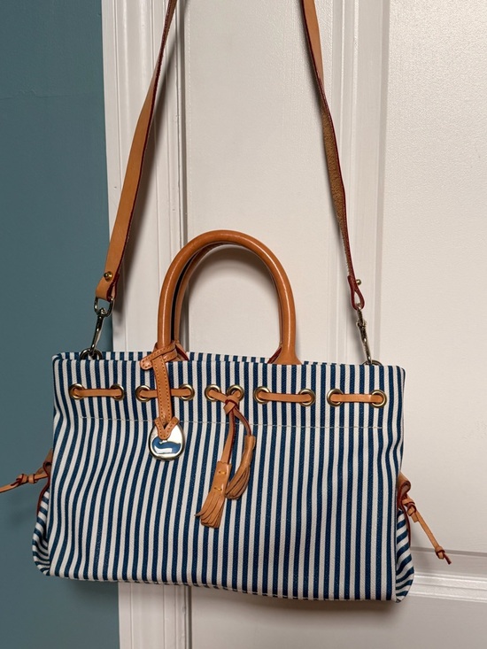 Dooney & Bourke Handbags - Striped Navy and White Tote with Tan Leather Trim